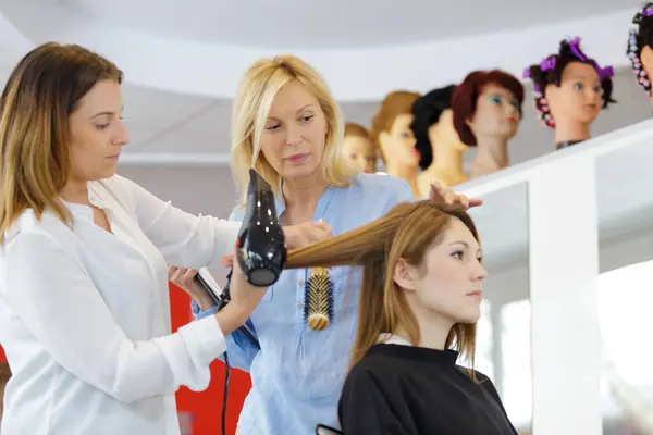Apprentice Learning How Blow Dry Hair Properly — Stock Photo, Image