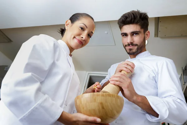 Two Chefs Kitchen Smiling — Stock Photo, Image