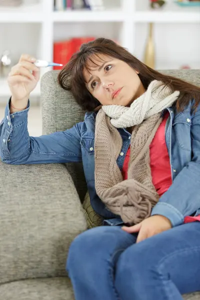 Sick Woman Looking Thermometer — Stock Photo, Image