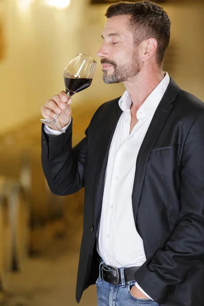 葡萄酒生产商对酒窖中红酒质量的检测 — 图库照片