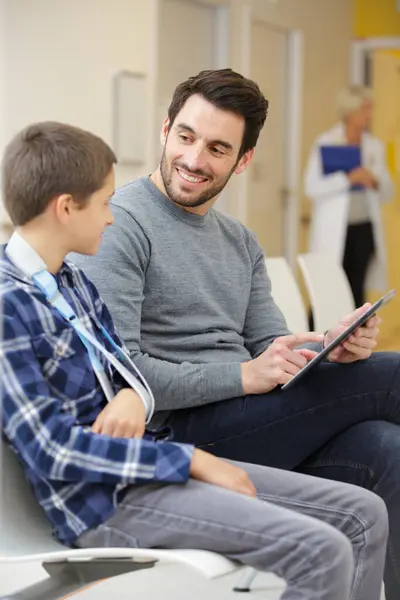 Portrait Smiling Boy Visiting Doctor Father — Stock Photo, Image