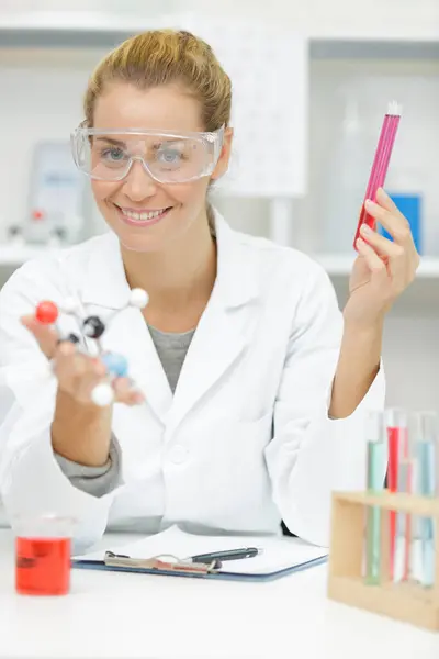 Happy Positive Woman Holding Dna Model — Stock Photo, Image