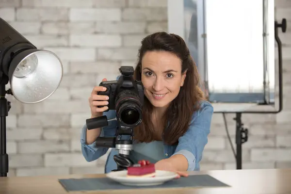 Young Woman Photographing Food Studio — Stock Photo, Image