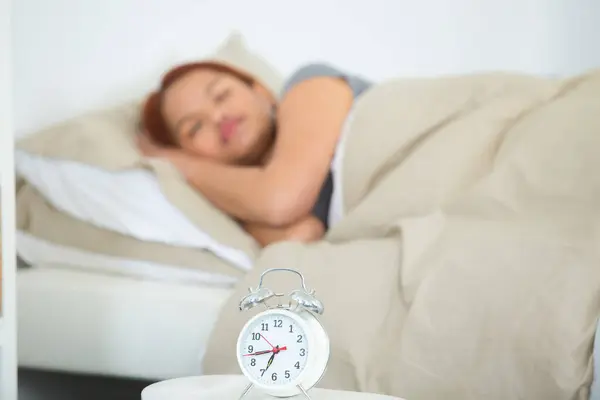 Woman Fast Asleep Alarm Clock Foreground — Stock Photo, Image