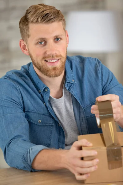Happy Man Using Adhesive Tape Cardbox — Stock Photo, Image