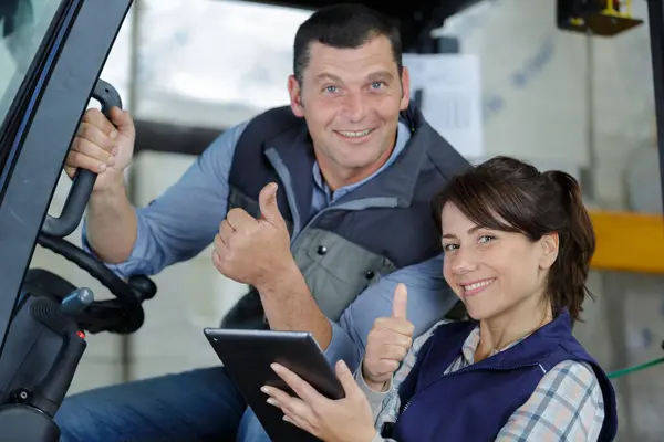 Forklift Driver Female Supervisor Showing Thumbs — Stock Photo, Image