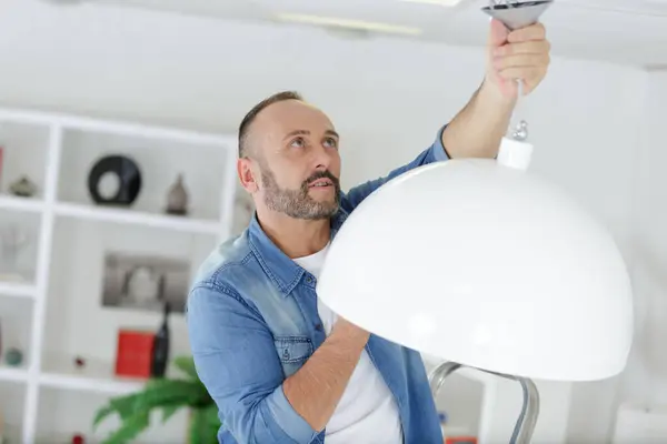 Electrician Work Installing Lamp Wall — Stock Photo, Image