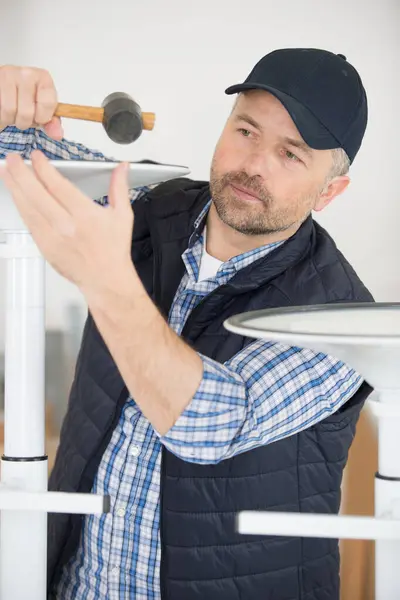 Handyman Using Mallet Locate Rubber Seal Groove — Stock Photo, Image