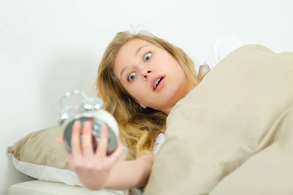 Girl Overslept She Shocked Time — Stock Photo, Image