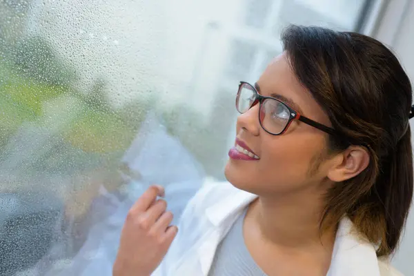 Woman Looking Pouring Rain Window — Stock Photo, Image