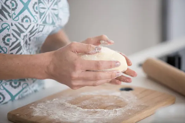 Female Hands Making Dough Wooden Table — Stock Photo, Image