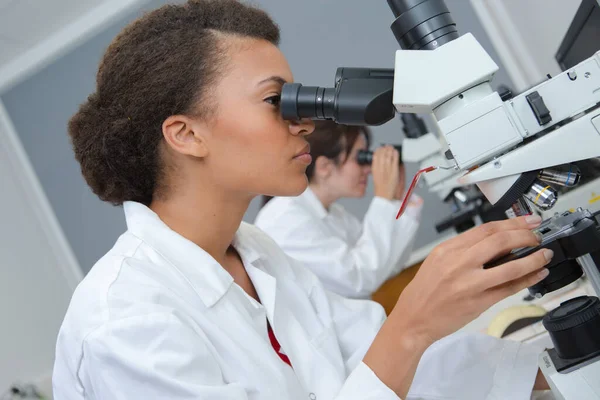 Female Researcher Working Microscope Lab — Stock Photo, Image