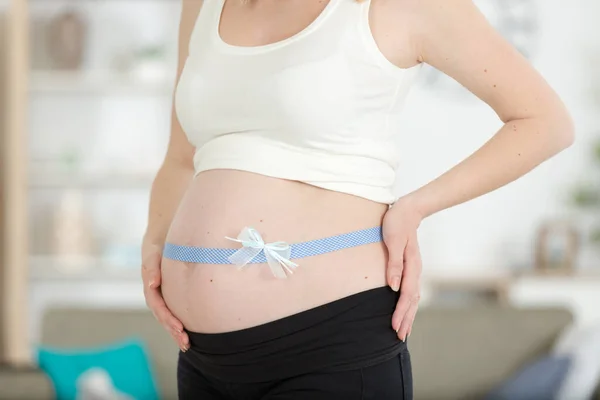 Pregnant Happy Mother Ribbon Belly — Stock Photo, Image