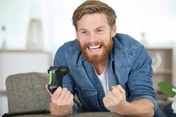 Excited Young Handsome Man Playing Video Game — Stockfoto