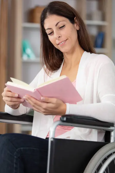 Middle Aged Woman Wheelchair Reading Book — Stock Photo, Image