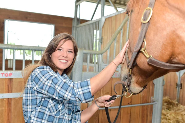 Eine Reiterin Kümmert Sich Ihr Pferd — Stockfoto
