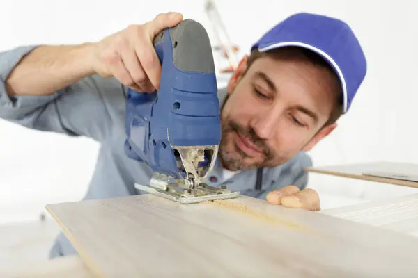 Man Cutting Wood Milling Machine — Stock Photo, Image