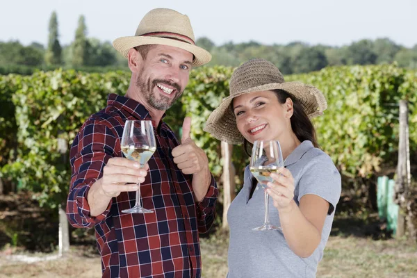 ワイングラスとブドウ畑のカップル — ストック写真