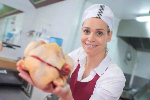Portrait Happy Female Butcher Cutting Meat Butchery Counter — Stock Photo, Image