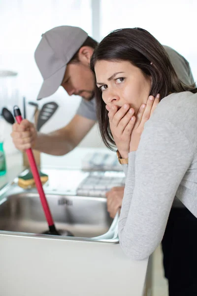 Sad Young Woman Blocked Kitchen Sink Home — Stock Photo, Image