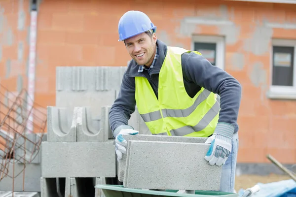 Handsome Man Working Concrete Mix Bricks — Stock Photo, Image