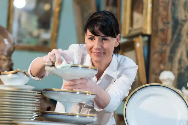 Female Antique Worker Wiping Porcelain — Stock Photo, Image