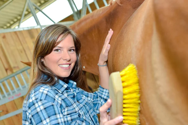 Szczęśliwa Kobieta Pielęgnuje Konia — Zdjęcie stockowe