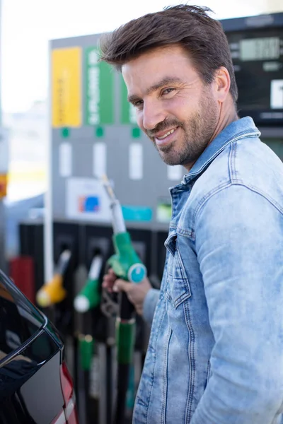 Man Pumping Gasoline Fuel Car Gas Station — Stock Photo, Image