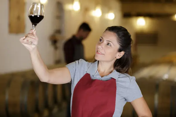 Happy Woman Wearing Apron Checking Red Wine — Stock Photo, Image