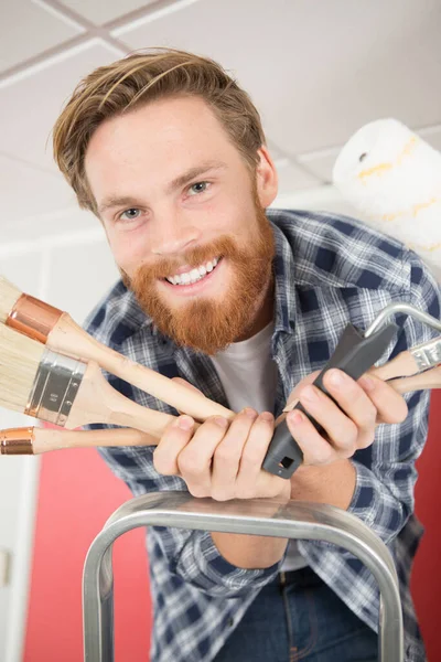 Smiling Fun Happy Man Paint Brushes — Stock Photo, Image