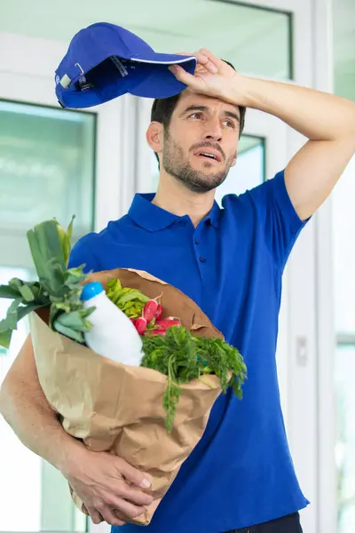 Smart Food Delivery Service Man Uniform Tired — Stock Photo, Image