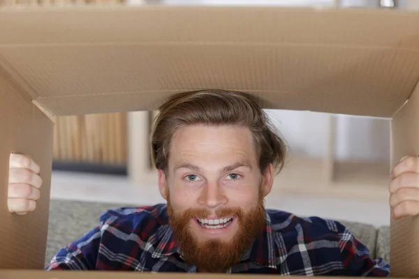 Happy Man Looking Box — Stock Photo, Image