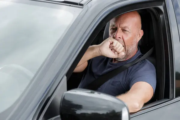 Mature Man Yawning Car Traffic Jam — Stock Photo, Image