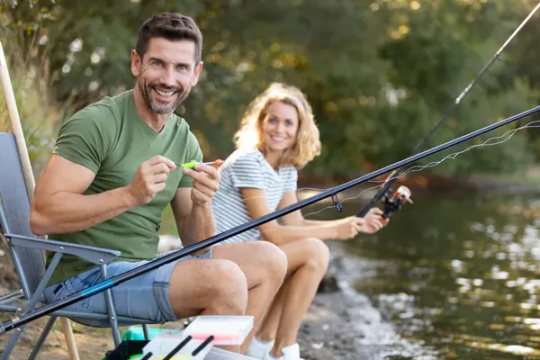 Happy Couple Fly Fishing — Stock Photo, Image