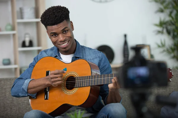 Young Man Guitar Recording Video Home — Stock Photo, Image