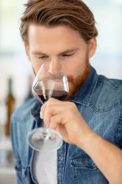 Homem Bonito Bebendo Copo Vinho — Fotografia de Stock