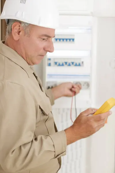 Electrician Technician Working Residential Electrical Panel — Stock Photo, Image