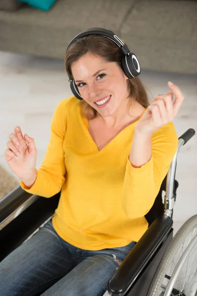 Woman Wheelchair Dancing Music Headphones — Stock Photo, Image