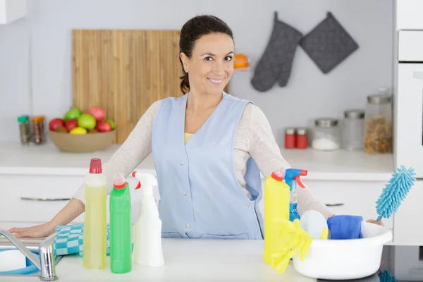 lady in the kitchen with various cleaning products