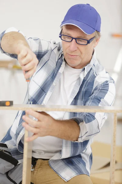Man Screwing Screws Furniture Fittings — Stock Photo, Image