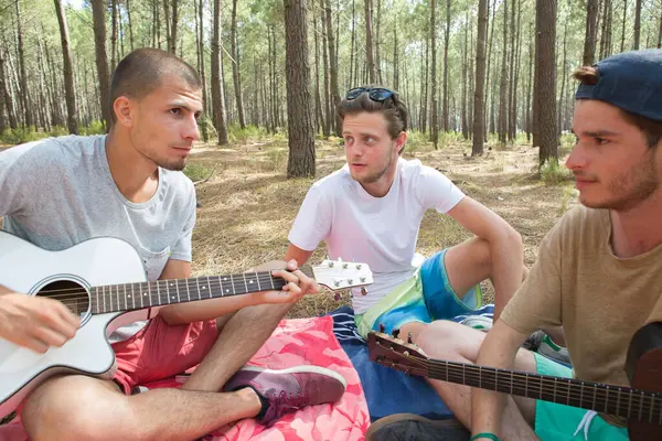 Grupa Młodzieży Cieszyć Się Odkryty Gitarą Lesie — Zdjęcie stockowe