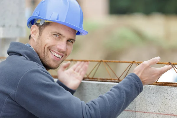 Happy Man Next Building Construction Reinforced Concrete Structure — Stock Photo, Image