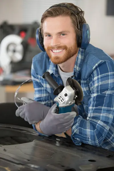 Portrait Young Man Holding Angle Grinder — Stock Photo, Image