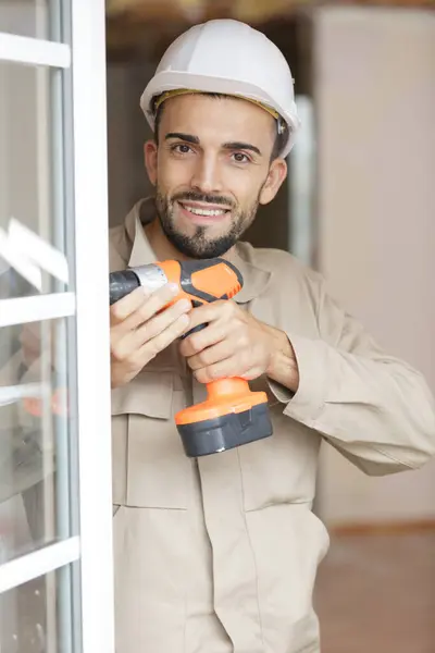 Construction Worker Using Drill Install Window — Stock Photo, Image