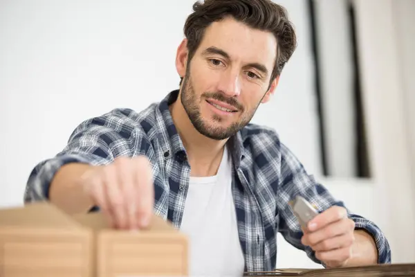 Happy Male Worker Making Boxes — Stock Photo, Image