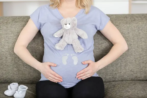 Photo Pregnant Woman Belly Teddy Bear — Stock Photo, Image