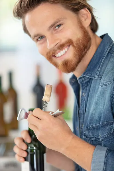 Close Man Opening Wine Bottle Indoors — Stock Photo, Image
