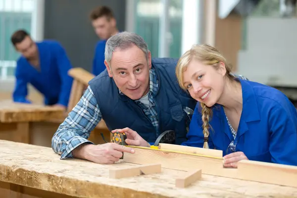 Carpenter Team Woman Man Working Together — Stock Photo, Image