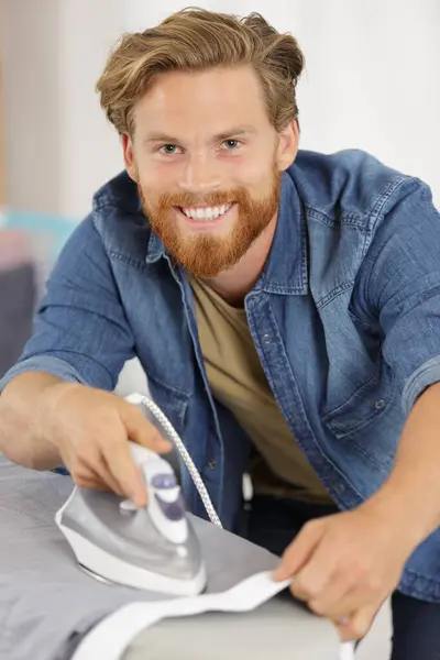 Happy Young Man Ironing Home — Stock Photo, Image