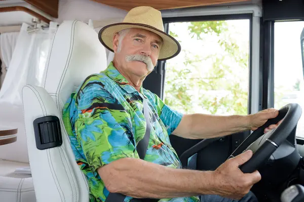 Portrait Senior Man Driving Seat Campervan — Stock Photo, Image